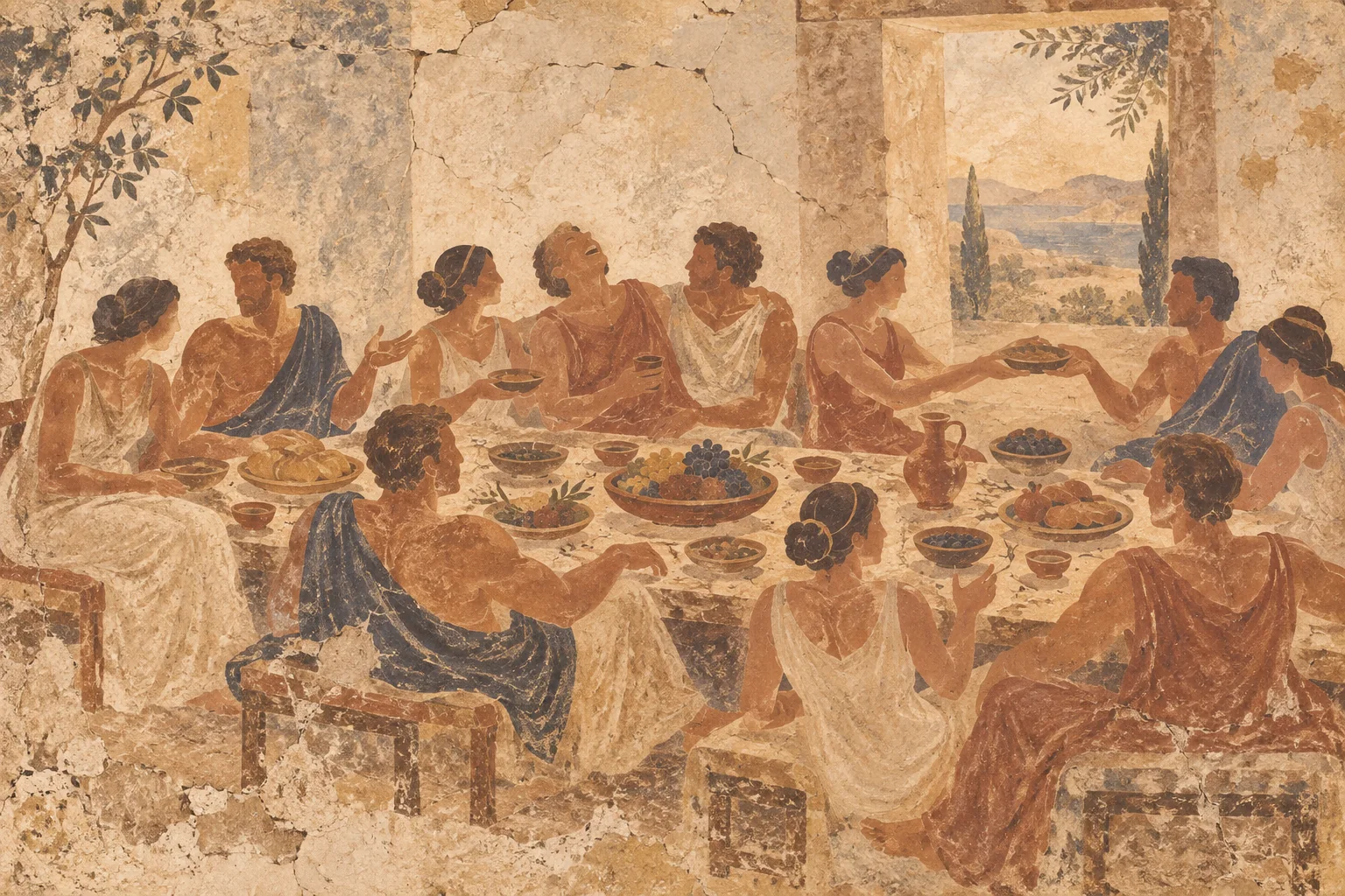 Fresque : une longue tablée, des plats partagés, quelqu'un qui rit