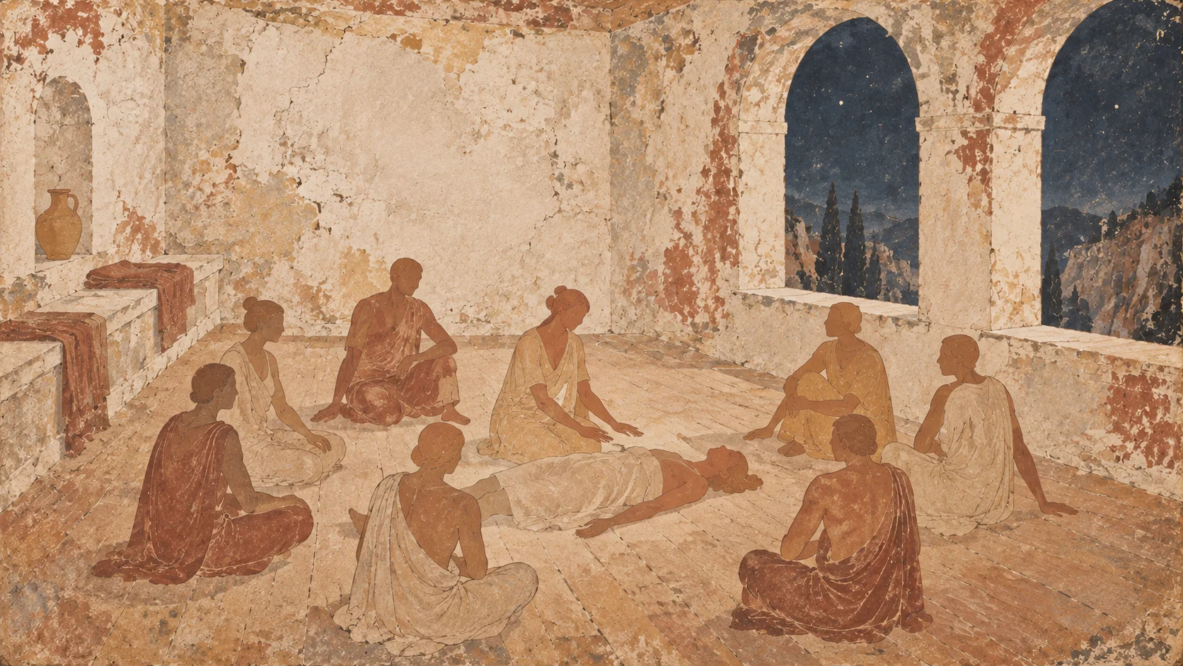 Fresque : un cercle de personnes assises dans une grande salle, l'une allongée au centre, la nuit derrière les arcades