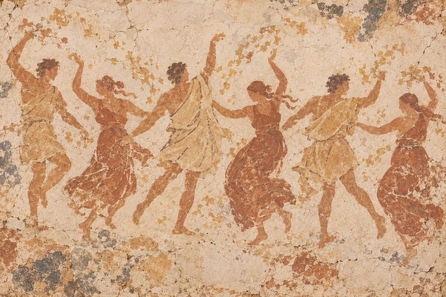Fresque : sept danseurs en mouvement, bras levés