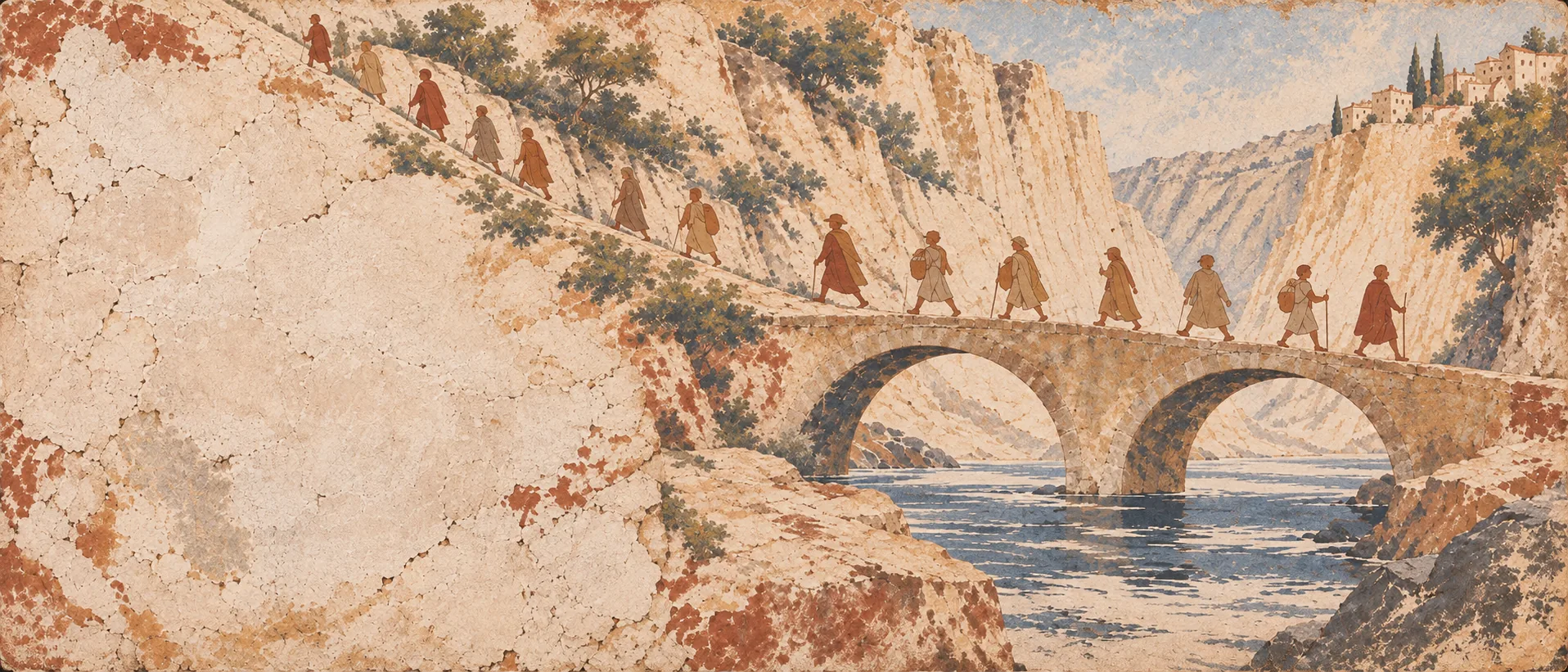 Fresque : une file de personnes traverse un vieux pont de pierre à deux arches, au fond d'une gorge calcaire