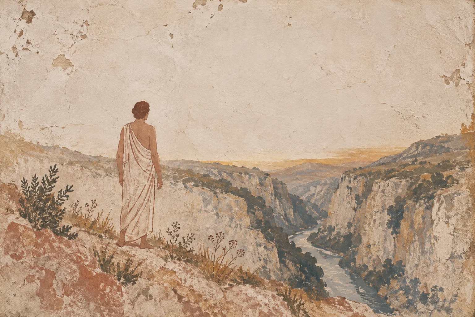 Fresque : une silhouette debout au bord d'une gorge, à l'aube, la rivière en contrebas