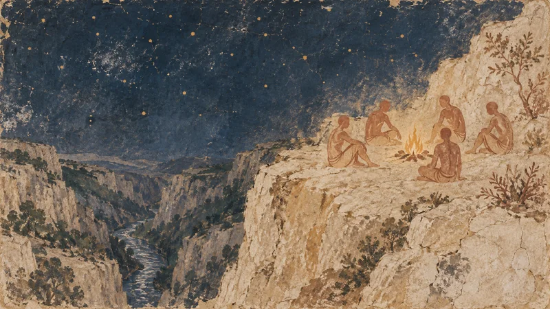Fresque : un cercle autour d'un feu, au-dessus des gorges, sous un ciel étoilé