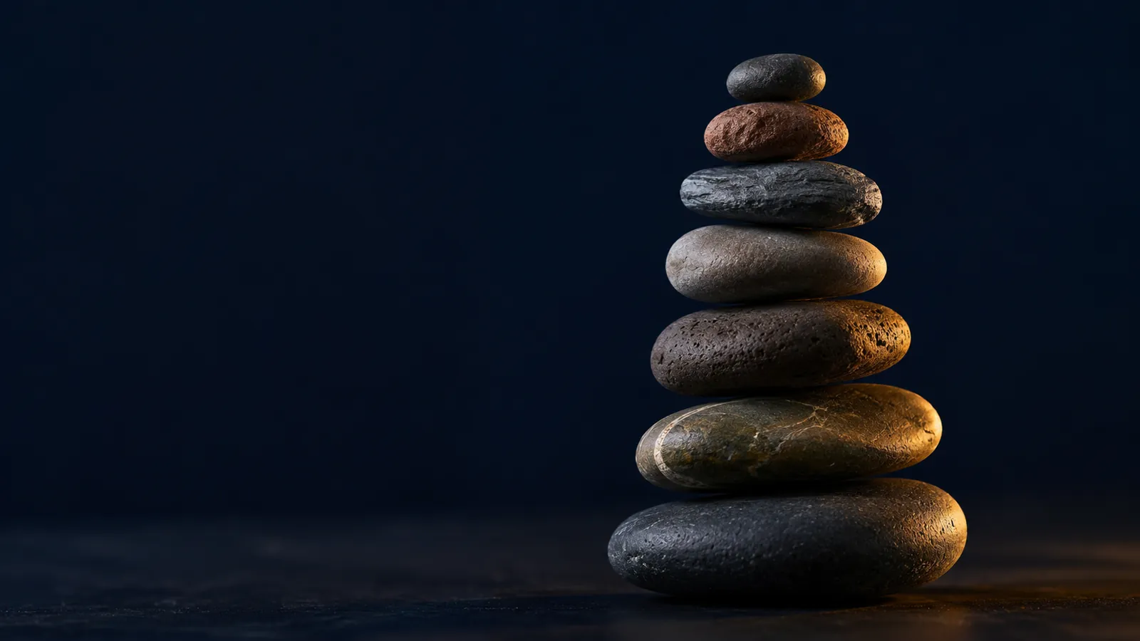 Sept galets empilés en équilibre, image des sept chakras